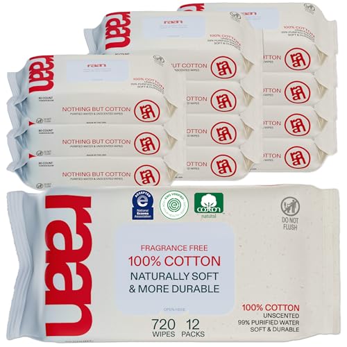 Image of Raan, 100% Cotton Baby Wipes, Unbleached, 99% Purified Water, Fragrance Free, EWG verified, Made for Sensitive Skin, Naturally Soft and Durable, 12 pack, 720 Count