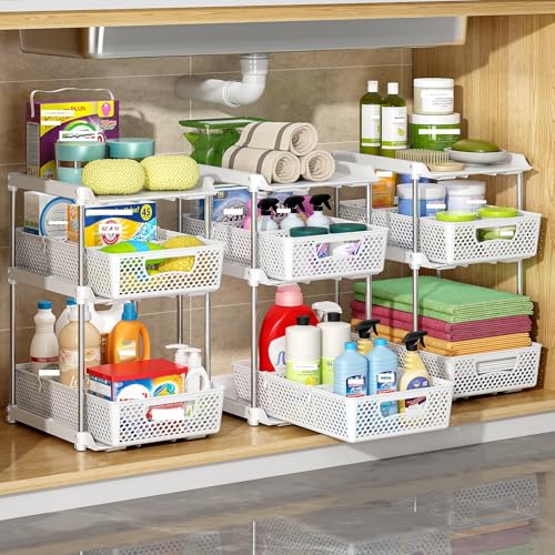 DABIGE 3Pcs 3 Tier Bathroom Organizers and Storage, UPGRADE WIDER BOLDER, Pull Out Under Sink Organizer with Dividers, Kitchen Pantry Organizers - White