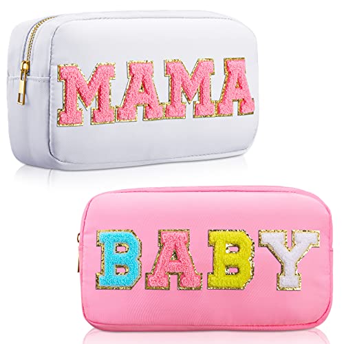 Image of Sanwuta 2 Pieces Mama Gifts Makeup Bag Mom Birthday Gifts Nylon Cosmetic Bag Mothers Day Appreciation Toiletry Preppy Patch Chenille Letter Pouch for Women Her New Mom(White, Pink,Baby and Mama)