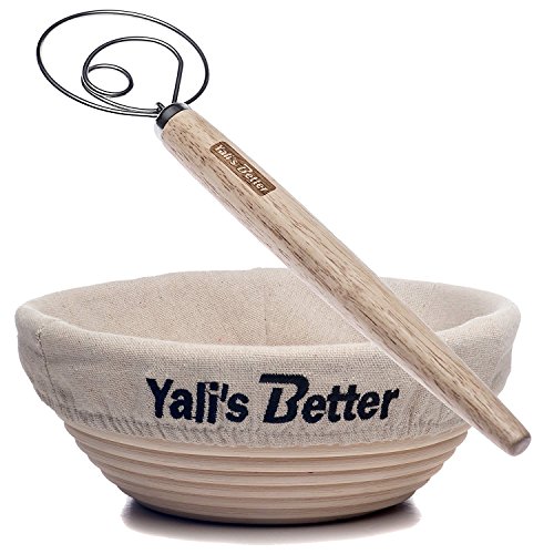 Yali's Better Banneton Bread Proofing Basket Set for Artisan Bread Making, Round Bowl, Dough Proofer, Bundle with the Original Danish Whisk and Cloth Liner, Natural Cane for Sourdough Brotform Rising
