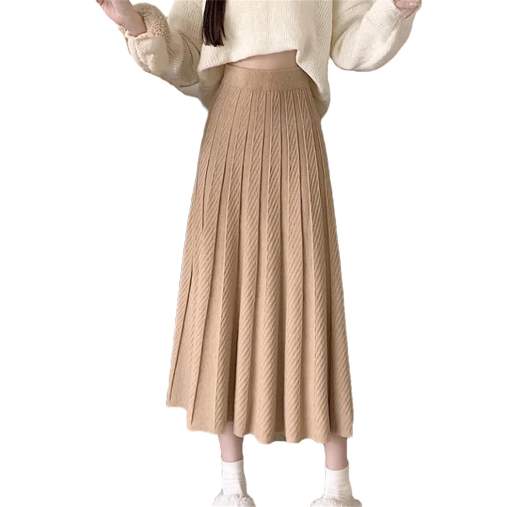 HXZASFG Falda Larga de Punto de Color Liso Elegante para Mujer, Falda Tipo suéter de Cintura Alta Gruesa de Invierno, Faldas Plisadas de Corte a para Mujer
