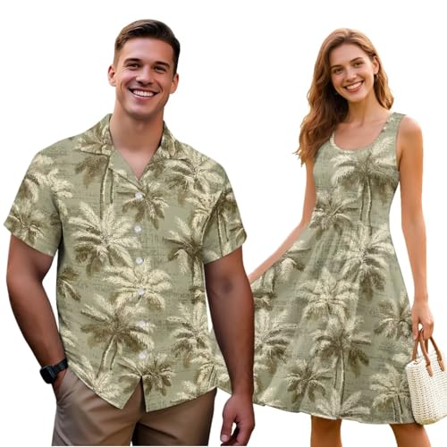 Image of Dreaweet Summer Dresses for Women A-Line Sleeveless Flowy Sun Dresses,Men's Casual Button-Down Shirts,Couple Matching Outfits