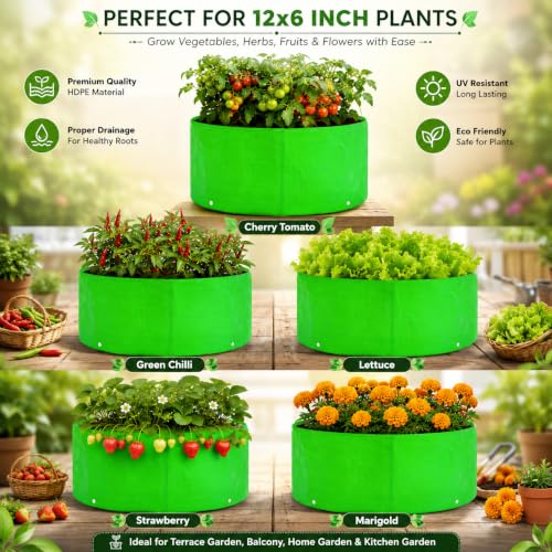 Image of Grow Bag UV Protected 260 GSM | HDPE Grow Bags for Plants | Heavy Duty Green Garden Plant Grow Bag with Drainage Holes | Reusable Vegetable Grow Bag for Terrace Gardening (5, 12X6)