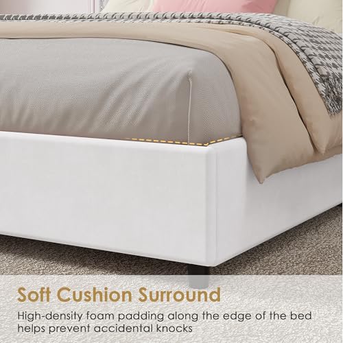 Image of VECELO Queen Size Upholstered Bed Frame with 4 Storage Drawers, Adjustable Velvet Rivet Decor Headboard, Wooden Slats Platform Support, No Box Spring Needed, Easy Assembly,White