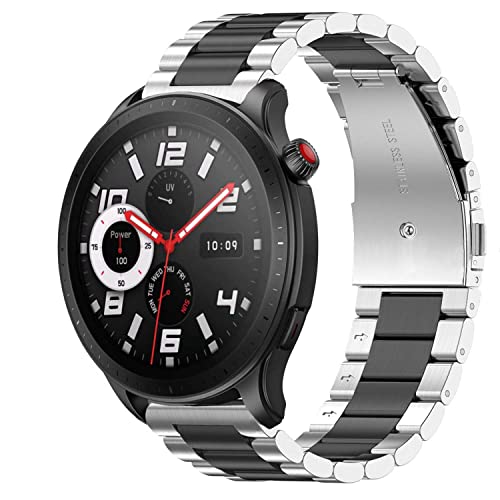 Armband Kompatibel mit Amazfit GTR 4/GTR 3 Pro/GTR 3/GTR 2/GTR 2e/GTR 47mm/Stratos 2/Stratos 3, 22mm Metall Armbänder Edelstahl Ersatz Uhrenarmband für Herren Damen, Schwarz/Silber Cover