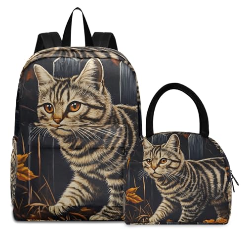 Stripe Cat Print Backpack Set with Lunch Bag, Large Capacity Travel Backpacks and Lunch Box Insulated for Commute Hiking Picnic
