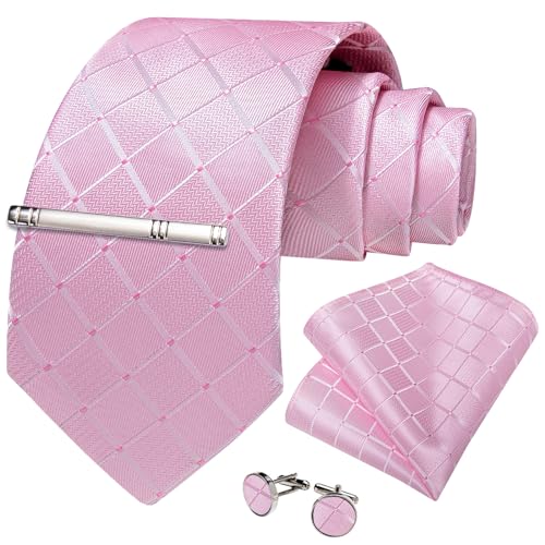Image of DiBanGu Mens Silk Plaid Tie and Pocket Square Set | Elegant Silk Formal Tie Set, Woven Check Necktie and Cufflinks Tie Clip Set, Perfect for Wedding Party, Comes in Gift Box