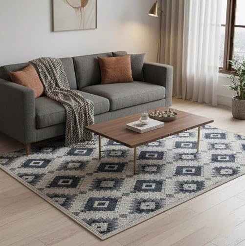Image of HOMETHREADS Modern Light Luxury 5x7 Feet Area Rug | 11mm Thick Soft Anti-Fatigue Cushioned Carpet with Non-Slip Backing for Living Room, Bedroom, Studio, Lounge & Entrance(Tribal Grey, 210x150Cm)