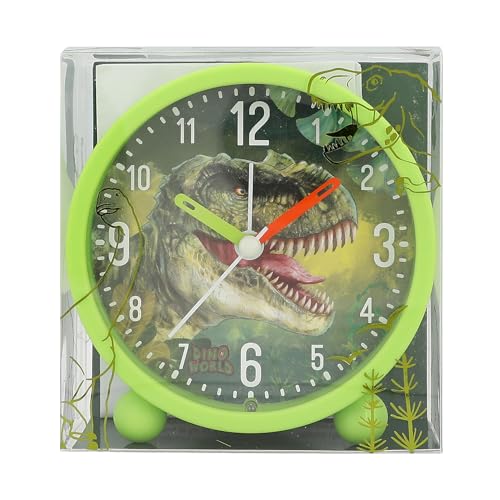 Depesche 12691 World Children's Alarm Green with Dino Motif, Silent Clock with Light Function, Battery Included, Multicoloured