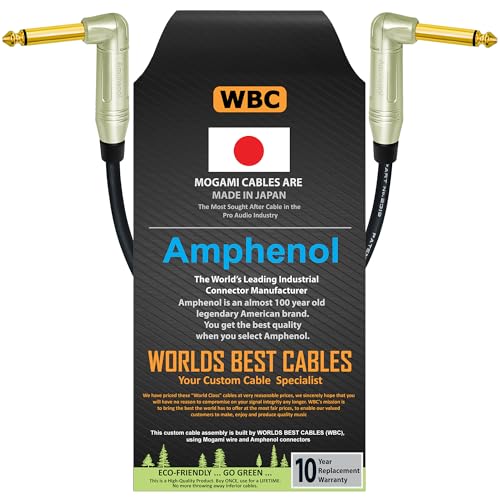 WORLDS BEST CABLES 6 Inch – Pedal, Effects, Patch, Instrument Cable Custom Made Using Mogami 2319 Wire & Amphenol ACPM-RN-AU M-Series Angled Gold TS Plugs