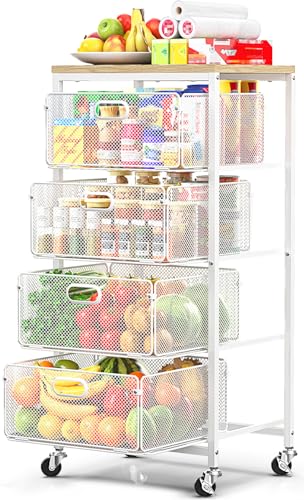 SUNALLY Rolling Kitchen Cart with Drawers, 4-Tier Utility Cart Fruit Vegetable Storage Cart with Lockable Wheels, Wooden Top Metal Kitchen Storage Organizer for Cans, Snacks, Beauty, Craft, Art, White