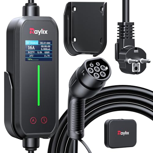 Raylix 2026 Neu Mobile Wallbox Typ 2 Ladekabel 6A-16A mit Stromzähler & Einstellbarem Strom & Verzögertem Laden,Ladestation Ladeziegel EV Charger