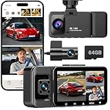 3-Kanal Dashcam Auto Vorne Hinten Innen, 4K + 1080P +1080P, 170° Weitwinkel, Super Nachtsicht, 24/7 Parküberwachung, G-Sensor, Loop-Aufnahme, 5.8GHz WiFi, Kostenlose 64GB SD-Karte, Max 256GB