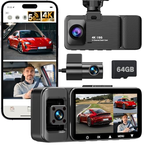 3-Kanal Dashcam Auto Vorne Hinten Innen, 4K + 1080P +1080P, 170° Weitwinkel, Super Nachtsicht, 24/7 Parküberwachung, G-Sensor, Loop-Aufnahme, 5.8GHz WiFi, Kostenlose 64GB SD-Karte, Max 256GB