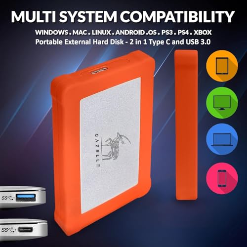 Image of GAZELLE 500 GB Warrior External Hard Drive Rugged, Metal Body, Shockproof, Water-Resistant,2-in-1 Type C & USB 3.0, Compatible with PC, Mac, PS4, Mobile, Tablet 1 Year Warranty (Orange)