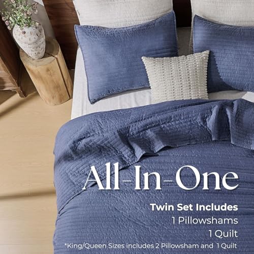 DOWN HOME Queen Quilt Bedding Set with Shams, Vintage Washed Soft Quilted Blanket Thin Comforter Lightweight Bedspread Coverlet Bed Cover, Brushed Microfiber Stripe Stitching, Vintage Denim, 86"x90" by DOWN HOME - Used condition - Image 8