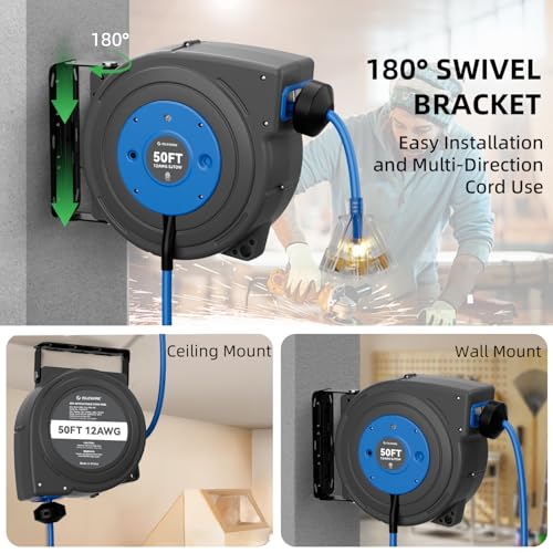 50 FT Retractable Extension Cord Reel, Heavy Duty 12AWG/3C SJTOW Power Cord, Lighted Triple Tap, 15A Circuit Breaker, Wall/Ceiling Mount Electric Cord Reel for Garage & Workshop, ETL Listed, Blue by islewire - Used condition - Image 8