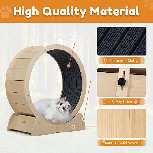 COZIVVOVV 31.5\" Large Cat Treadmill, Exercise Wheel with Locking Mechanism, Nonslip Carpet, Cat Teaser, Running Wheel for Indoor Cats Small Animals, Gray (Wood)