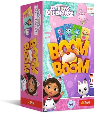 Trefl - Boom Boom, Gabby's Dollhouse - Dynamisches Familienspiel | Spiel Für die Ganze Familie, Kartenspiel mit Helden der Fernsehserie Gabby‘s Katzenhaus, für Kinder ab 6 Jahren