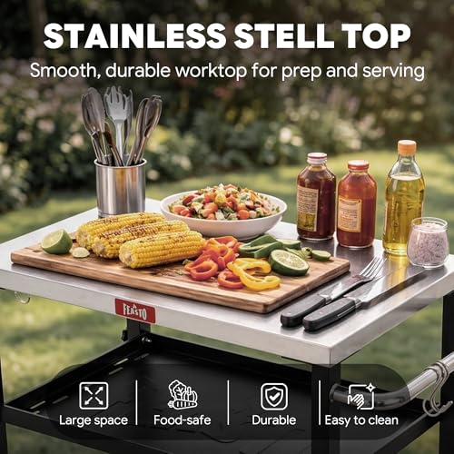 Image of Feasto 3-Tier Outdoor Grill Cart, 26.6 inch x 16.1 inch Rolling Pizza Oven Table | Compact Stainless Top for Pizza Ovens & Griddles, Outdoor Bar Cart with S-Hooks for Patio Parties, Deck Dining & Camping
