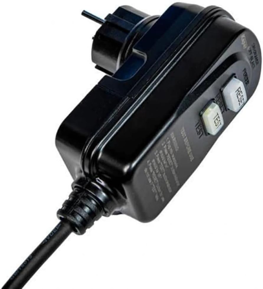 Close-up of the power plug for the Hotsplash HS40-4KW, featuring TEST and RESET buttons for safety.