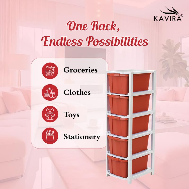 Image of Kavira Plastic Drawer Storage Tower - Space Organizer|Red,5 Layer