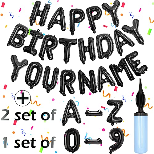 76pcs Happy Birthday Balloon Banner Black Balloons Letters Personalized 16 Mylar Foil Birthday Decorations includes 2 Sets A- Z 1 set Number 0-9 and HAPPY BIRTHDAY letters (with Balloon Pump)