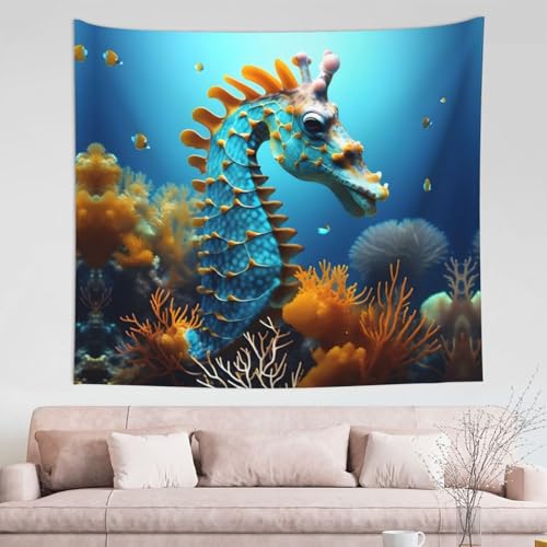 Tapisserie hippocampe bleu pour habiller un mur vide avec un tissu doux et apaisant