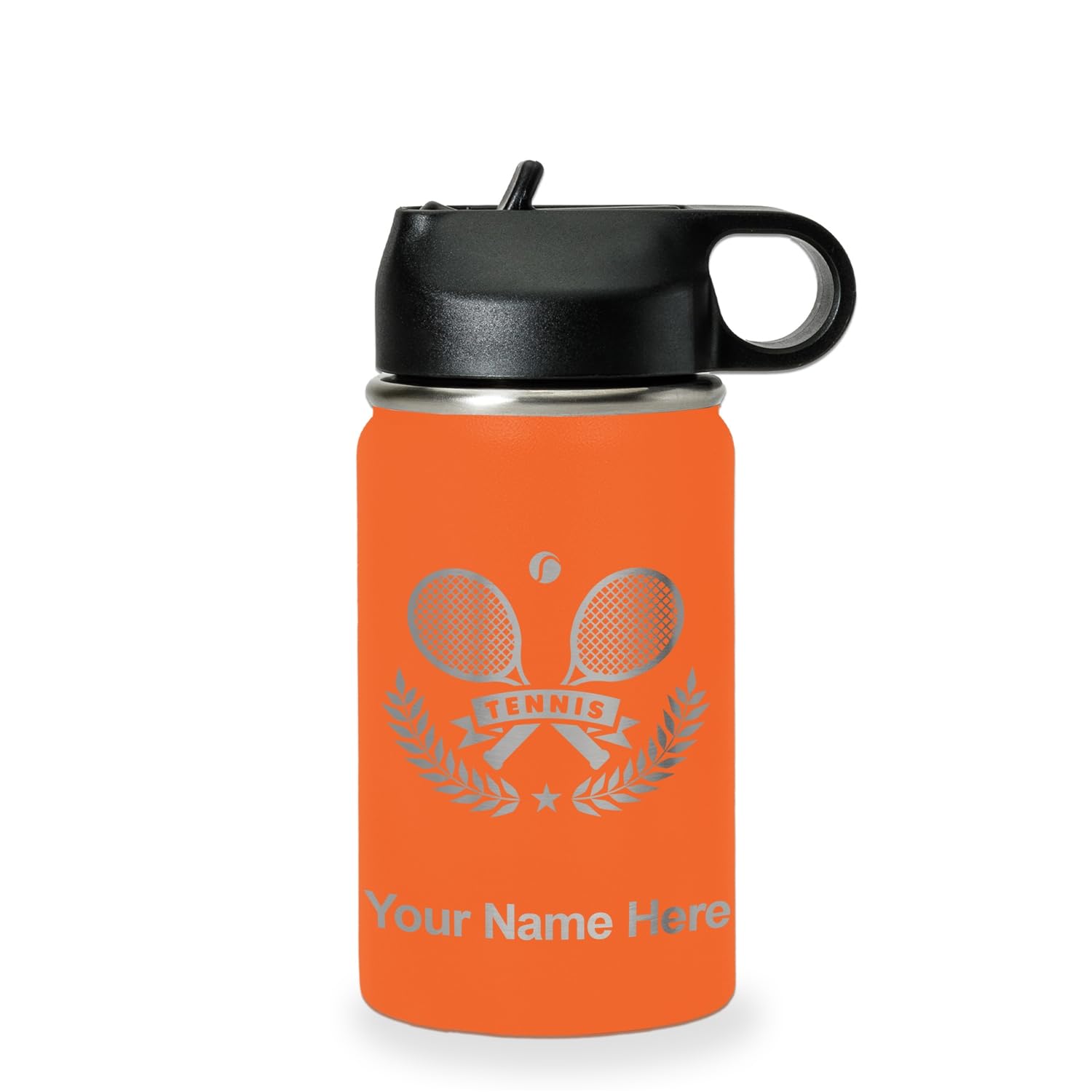 LaserGram Personalized Water Bottle, Tennis Rackets, Stainless Steel Double Wall Vacuum Insulated with Flip Top Straw, Custom Engraved Gift (12oz /