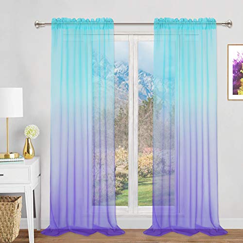 Purple and Teal Ombre Sheer Curtains, Gradient Voile Curtain Panels, Semi-Sheer Rod Pocket Window Drapes for Girls Kids Baby Nursery Living Room Bedroom, Set of 2 Panels, 52 x 84 Inch Length