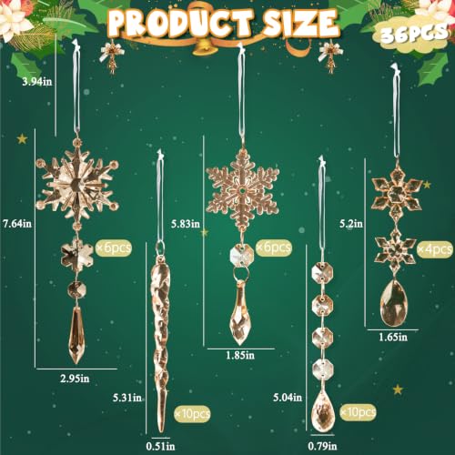 Image of GuassLee 36pcs Crystal Christmas Tree Ornaments - Champagne Color Acrylic Snowflake Icicle Drop Crystal Hanging Ornaments for Christmas Tree Wonderland Frozen Themed Birthday Party Decor