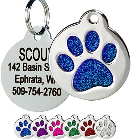 GoTags Paw Print Round Stainless Steel Pet Tag for Dogs and Cats, Personalized with 4 Lines of Custom Engraved ID, in Solid Stainless Steel and 5 Enameled Colors: Blue, Green, Pink, Purple and Red