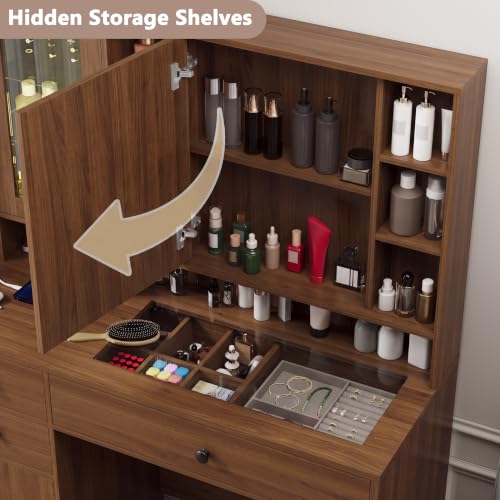 Image of Makeup Vanity Desk with Mirror and Lights, Walnut Vanity with Glass Top, Jewelry Storage, Power Outlets, 3 Drawers & 2 Cabinets, Adjustable LED Lighting, Dressing Table for Women & Girls Bedroom