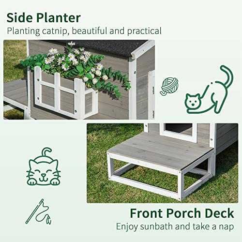 PawHut Wooden Cat House Outdoor with Door, Weatherproof 2-Floor Feral Cat Shelter with Asphalt Roof, Balcony, Dark Gray - Image 6