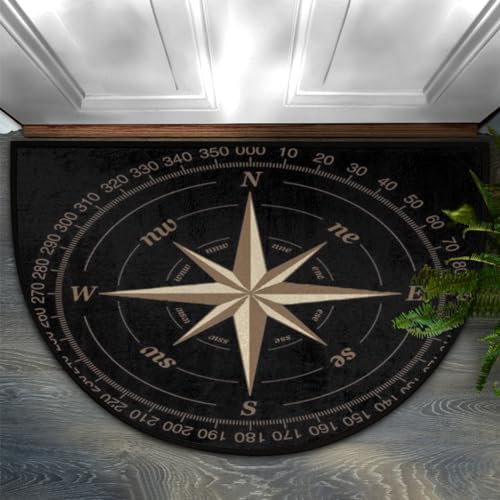 DOHOATU Half Round Door Mat, Compass Rose Non-Slip Half Circle Area Rug Artwork Black Doormat Washable Durable Home Decor Half Moon Rug for Floor Indoor Outdoor Living Room Bedroom Kitchen Patio