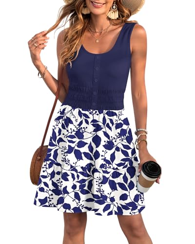 Image of AUSELILY Women Summer Dress Sleeveless Tank Button Down Dresses | Tank button down dress, Empire waist smocked, Casual beach vacation summer dresses with pockets