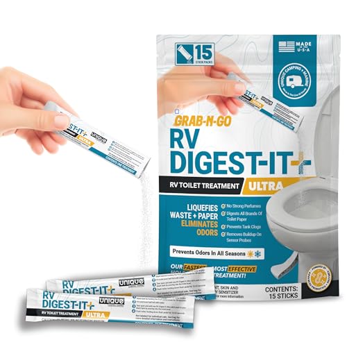 Unique RV Digest-It Ultra Stick Pack 15 Count Extra-Strength RV Toilet Treatment No-Mess Pre-measured Grab-N-Go Bio-Enzymatic Black Tank Treatment Eliminates Smells and Prevents Clogs