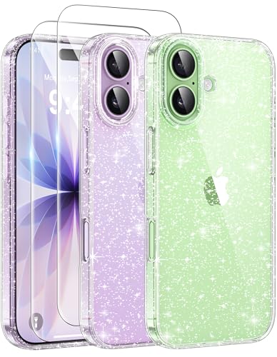 AROYI 3-in-1 Klar Glitzer Hülle für iPhone 17 mit 2 HD Schutzfolien, Vergilbungsbeständig, Stoßfeste und Kratzfeste Schutzhülle, Dünne Weiche TPU Handyhülle für Frauen, Durchsichtig