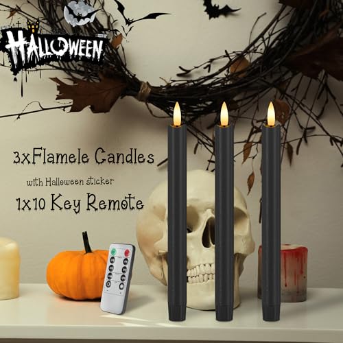 Image of Black Flameless Taper Candles with Remote, Halloween Candles Decor | Real Wax Battery Operated Candlesticks Flickering, 9.6 inch LED Candle for Table Mantel Display, Home Party Festival Decorations