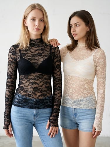 ZhouBoat 2 pcs Women Sexy Mesh Sheer Black Long Sleeve Tops Mock Neck Sheer Undershirt Tops Going Out Lace Shirts(M) — view 3