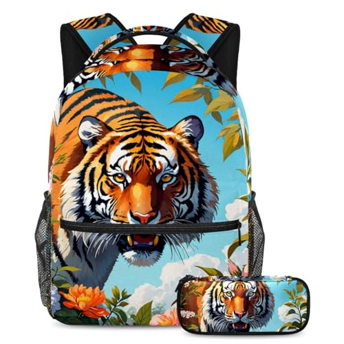Sac à dos tigre et trousse assortie pour étudiant - Set scolaire multicolore