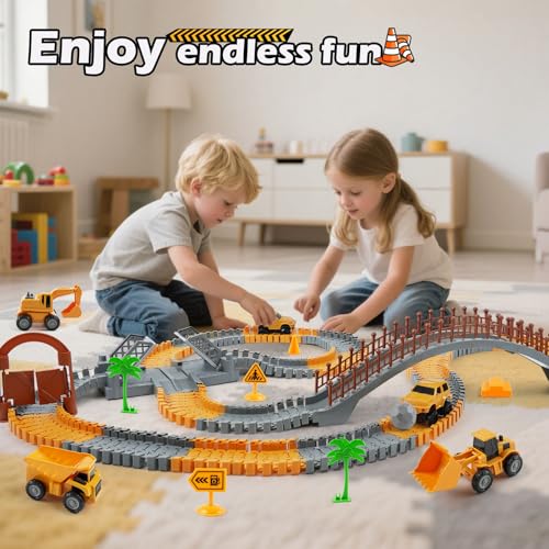Image of Construction Race Car Track Set for Kids - Flexible Engineering Toys with 2 Electric Cars, Birthday Gift for 3 4 5 6 7 Year Old Boys, DIY Road Games Playset with 220+ PCS