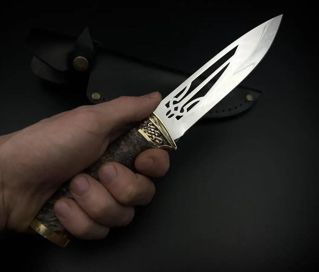 Coat of Arms of Ukraine - Trident. Author's Ukrainian Military Patriotic National Trident Knife Stainless Steel Custom Handmade Knife for Tourist, Hunting, Fishing, Camping, Tactical + Leather Sheath