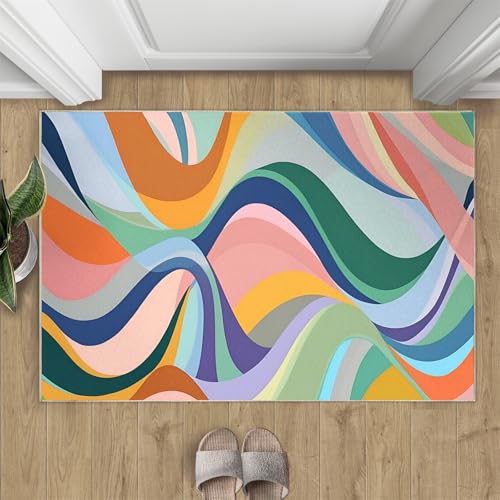XEODIAT Abstract Waves Area Rug,Retro Style Living Room Rug, Colorful Stripes Rug for Bedroom, Washable Non Slip Low Pile Carpet, Home Decor 50x80cm
