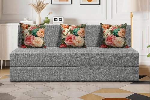 Image of Foldable Three Seater Sofa Cum Bed, Sofa Bed 5X6 Feet, Jute Fabric- Washable Cover- Including 3 Printed Cushion Perfect for Home & Office - Grey