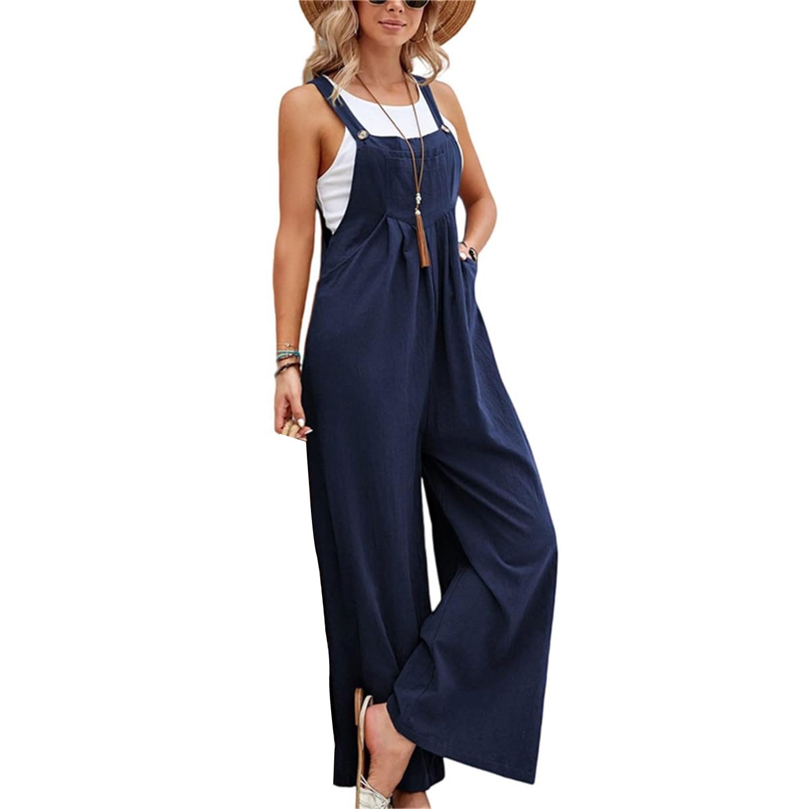 Kubbon Womens Wide Leg Jumpsuits Sleeveless Straps Bib Overalls Summer Baggy Casual Pants Rompers Overalls with Pockets
