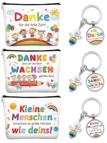 Abschiedsgeschenk Erzieherin 3 Stück Make-Up Taschen mit 3 Stück Schlüsselanhänger Dankeschön Geschenke für Erzieherin Kindergarten Lehrer Lehrerin Tagesmutter Erzieherin Geschenk Abschied