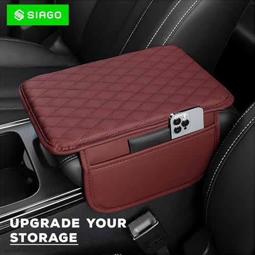 Image of SIAGO Car Armrest Cover Cushion with Storage Bags | Soft Center Console Protector Pad | Non-Slip, Waterproof & Durable | Universal Fit for Cars, SUVs & Trucks (Red) SIA144