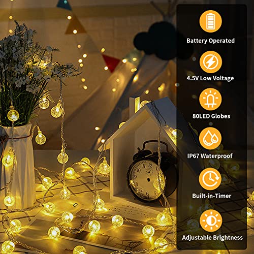 Mdedl Battery Operated String Lights Outdoor Indoor, 33Ft 80Led Waterproof Crystal Mini Globe Fairy String Lights Christmas Decorative Lights With Remote Timer For Bedroom Patio Garden Balcony Canopy #TOP1