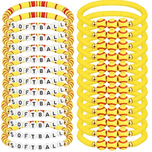 Huquary 24 Pcs Baseball Soccer Softball Football Volleyball Tennis Basketball Team Gifts Beaded Bracelets Sports Party Favor(Yellow, Red,Softball)